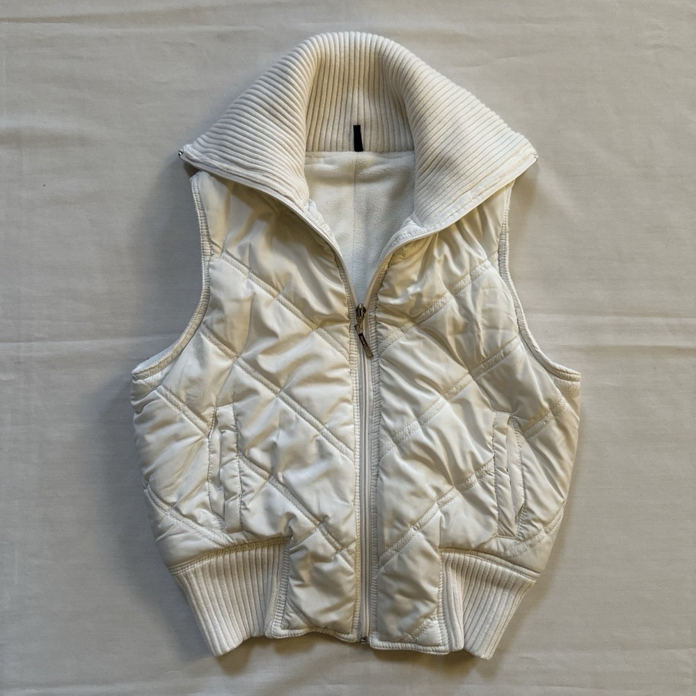 Daisy Fuentes Women's Puffer Vest Jacket S Front Pockets White Y2K Shawl Collar